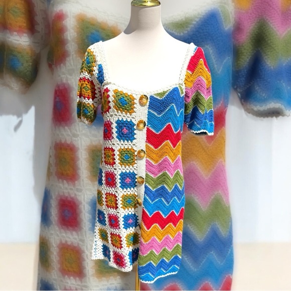 Farm Rio Women’s Multicolored "Mixed Textures Crochet Dress" - Picture 1 of 10
